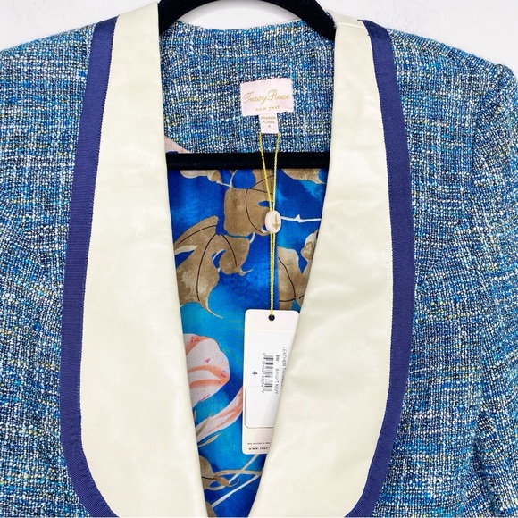 Tracy Reese Leather Trimmed Cropped Tweed Jacket in Bright Navy Size 4 NWT - Picture 4 of 12